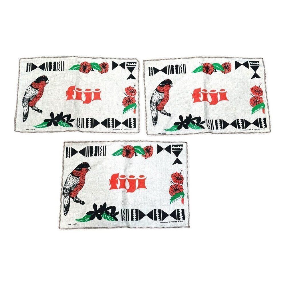 Set Of 3 Vintage Handmade Fiji Linen Placemats With Parrot Floral Print Tropical
